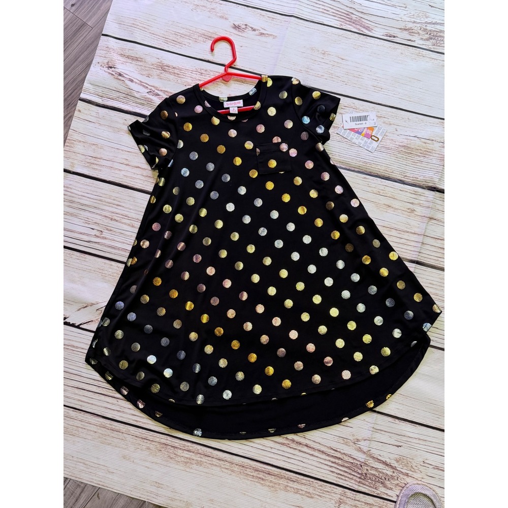 LuLaRoe Scarlett Girls Dress Size 8 Black Metallic Foil Polka Dot High Low New